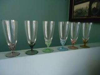 6 Vintage Art Deco Harlequin Wine Champagne Glasses Flutes Barley Twist Stem
