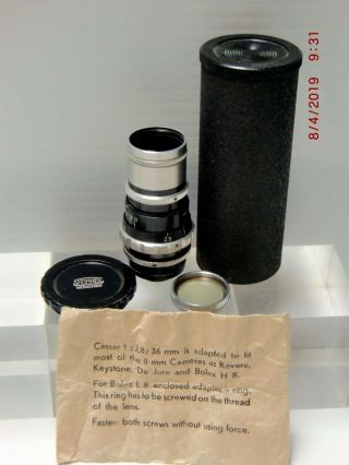 Steinheil Cassar 8mm Movie Camera Lense 1:2.  8/36mm Vl Nr.  738018