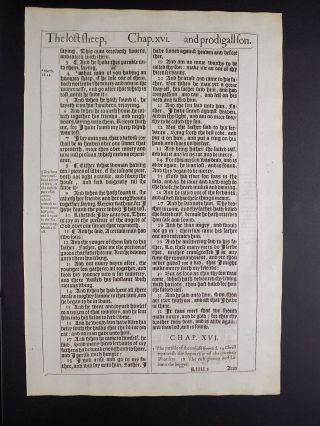 1611 King James Bible Leaf Page Book Of Luke 15:3 - 16:28 The Prodigal Son Nf