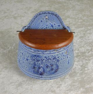 Salt Box Vintage Blue Kitchen Stoneware Porcelain Crock Salt Glaze? Wood Lid