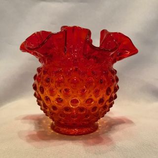 Vintage Mid - Century Modern Fenton Red/orange/amberina Glass Hobnail Ruffle Vase