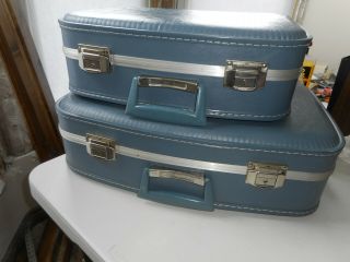 2 Vintage Blue Hardside Suitcase Luggage Carry - On Medium & Small