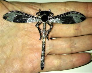 Vintage Art Deco Nouveau Black Enamel Dragonfly Pin Crystal Rhinestones