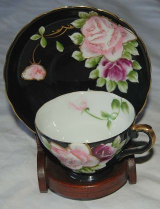 Vintage Fleur De Lis China Tea Cup Saucer Black Pink Purple Floral Flower Japan