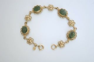 Vintage Jade Green 12k Gold Filled Link Bracelet Filigree Detail