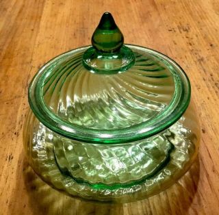 Vintage Uranium Glass Green Vaseline Candy Dish Bowl Lidded Pop Art Deco Mcm