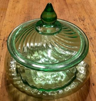 VINTAGE URANIUM GLASS GREEN VASELINE CANDY DISH BOWL LIDDED POP ART DECO MCM 2
