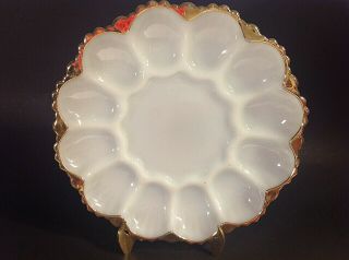 Vintage Milk Glass Deviled Egg Oyster Plate.  9 3/4 Inches.  Gold Accents