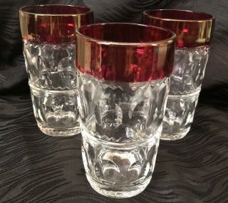 3 Vintage Ruby Red Thumbprint Kings Crown Water Glasses