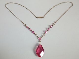 Stunning Vintage Art Deco Pink Glass & Rolled Gold Dropper Style Necklace