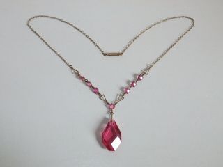 Stunning Vintage Art Deco Pink Glass & Rolled Gold Dropper Style Necklace 2