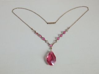 Stunning Vintage Art Deco Pink Glass & Rolled Gold Dropper Style Necklace 4