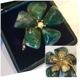 Vintage Jewellery Stunning Gold Plated Green Moss Agate & Pearl Flower Brooch