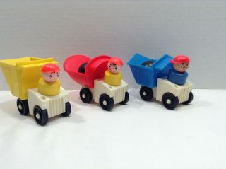 3 Vintage Fisher Price Little People Red,  Yellow And Blue Dump Trucks 979