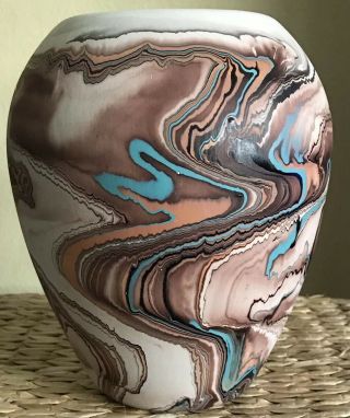Vintage Nemadji Pottery Usa 8” Vase Brown Swirls Turquoise Vase Decoration