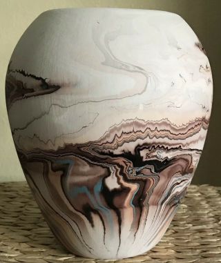 Vintage Nemadji Pottery USA 8” Vase Brown Swirls Turquoise Vase Decoration 2