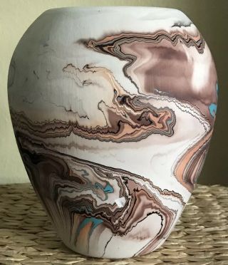 Vintage Nemadji Pottery USA 8” Vase Brown Swirls Turquoise Vase Decoration 3
