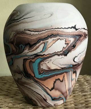 Vintage Nemadji Pottery USA 8” Vase Brown Swirls Turquoise Vase Decoration 4