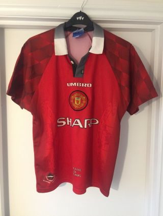 Vintage 1990s Manchester United Red Home T - Shirt T Shirt M Top Strip Kit Adults