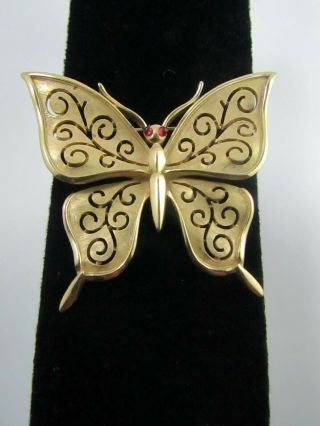 Vintage Crown Trifari Butterfly Open Gold Tone Red Rhinestone Eyes Pin Brooch