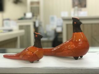 Jaru Of California Pottery Orange Pheasant Set Sculpture Eames Era 2 Set Vintage