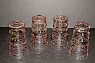 Set Of 4 Vintage Pink Depression Glasses/tumblers Optic & Etched 10 Oz Art Deco