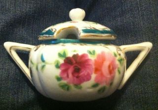 Vintage Hand Painted Jam/jelly/sugar Bowl With Lid Unmarked Rose Flowers Gold