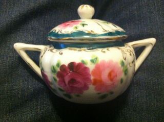 Vintage hand painted jam/jelly/sugar bowl with lid unmarked rose flowers gold 3