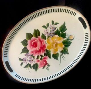 Vintage Tole Ware Hand Painted Oval Metal Serving Tray Pilgrim Art No.  155.
