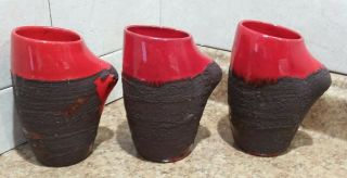 3 Vintage Abstract Laurentian Canada Art Pottery Red Lava Mugs