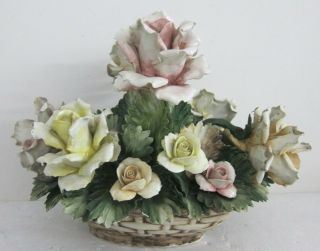 Capodimonte Porcelain Vtg Flower Basket Rose Bouquet Centerpiece Made In Italy
