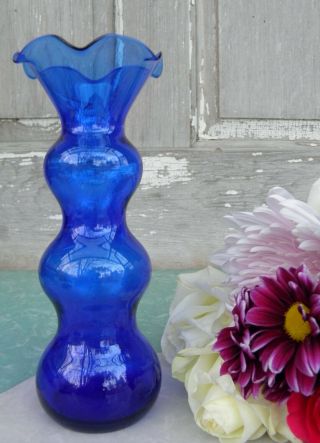 Vintage Cobalt Blue Crimped Art Glass Vase