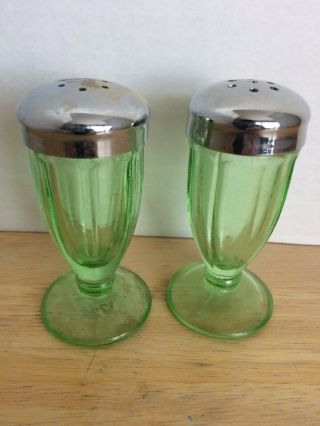 Vintage Anchor Hocking Green Glass Depression Salt & Pepper Shakers - Round Base