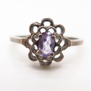 925 Sterling Silver Vintage Real Amethyst Gem Floral Design Ring Size 7 1/4 2