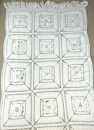 Vintage Rose 3d Afghan Handmade Crochet Throw Blanket Ivory Farmhouse 44 " X 74 "
