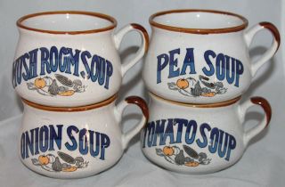 4 Vintage Speckled Cups Mugs Tomato Onion Pea Mushroom Soup Blue Brown