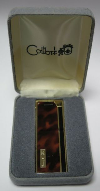 Vintage Colibri Black Enamel Faux Wood & Gold Tone Lighter K&j W/ Box