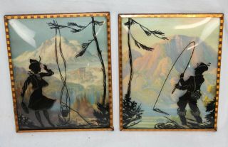 2 Vtg Silhouettes Pictures Man Woman Fishing Camping Fire Convex Bubble Glass