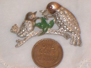 1930s Art Deco Mother Feeding Baby Bird Pot Metal Pin Patent Number Vintage