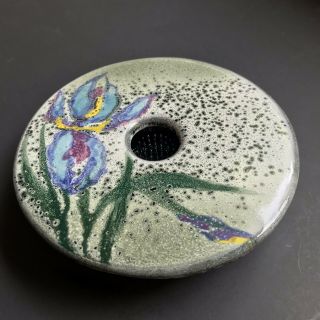 Vtg Blue Iris Ikebana Vase Signed Art Pottery Flower Pin Frog Crystalline Glaze
