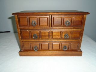 Vintage Walnut Wood Brass Miniature Dresser Jewelry Box W 4 Drawers 11x9x6.  5in
