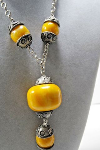 Vintage African Moroccan Copal Amber Bead Silver Tone Necklace