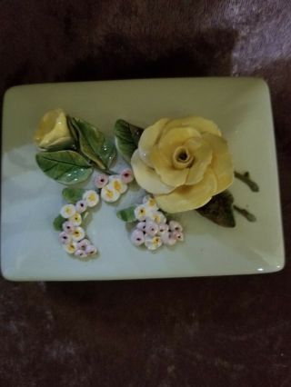 Vintage Pasadena Ceramics Trinket Box With Two Yellow Roses & Pink Flowers