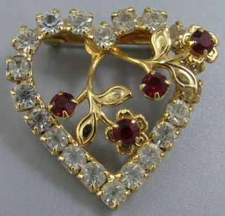 High End Vintage Jewelry Prong Set Flower Heart Brooch Pin Rhinestone J