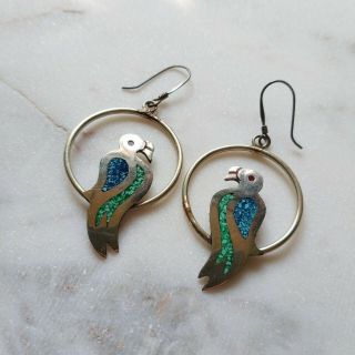 Vintage Mexico Alpaca Silver Parrot Earrings With Inlay Turquoise
