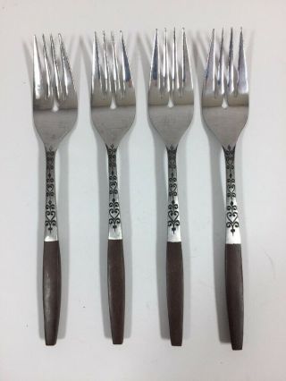 4 Vtg Interpur Inr2 Stainless Salad Forks Flatware Synthetic Handle Brown Mcm