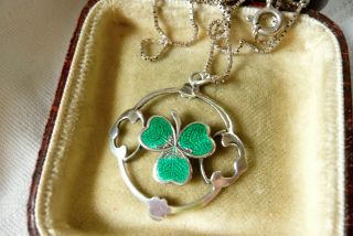 Vintage Sterling Silver Enamel Lucky Irish Shamrock/clover Leaf Pendant Necklace