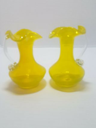 Vintage Hand Blown Yellow Glass Bud Vase With Handles