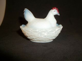 Vintage White Glass Miniature Chicken /hen On Nest Salt Dip