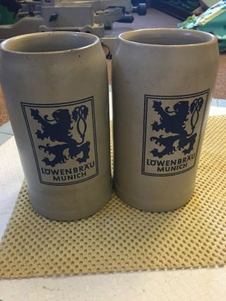 2 Vintage German Stoneware Beer Stein Mug Salt Glaze Löwenbräu Munich 1 Liter